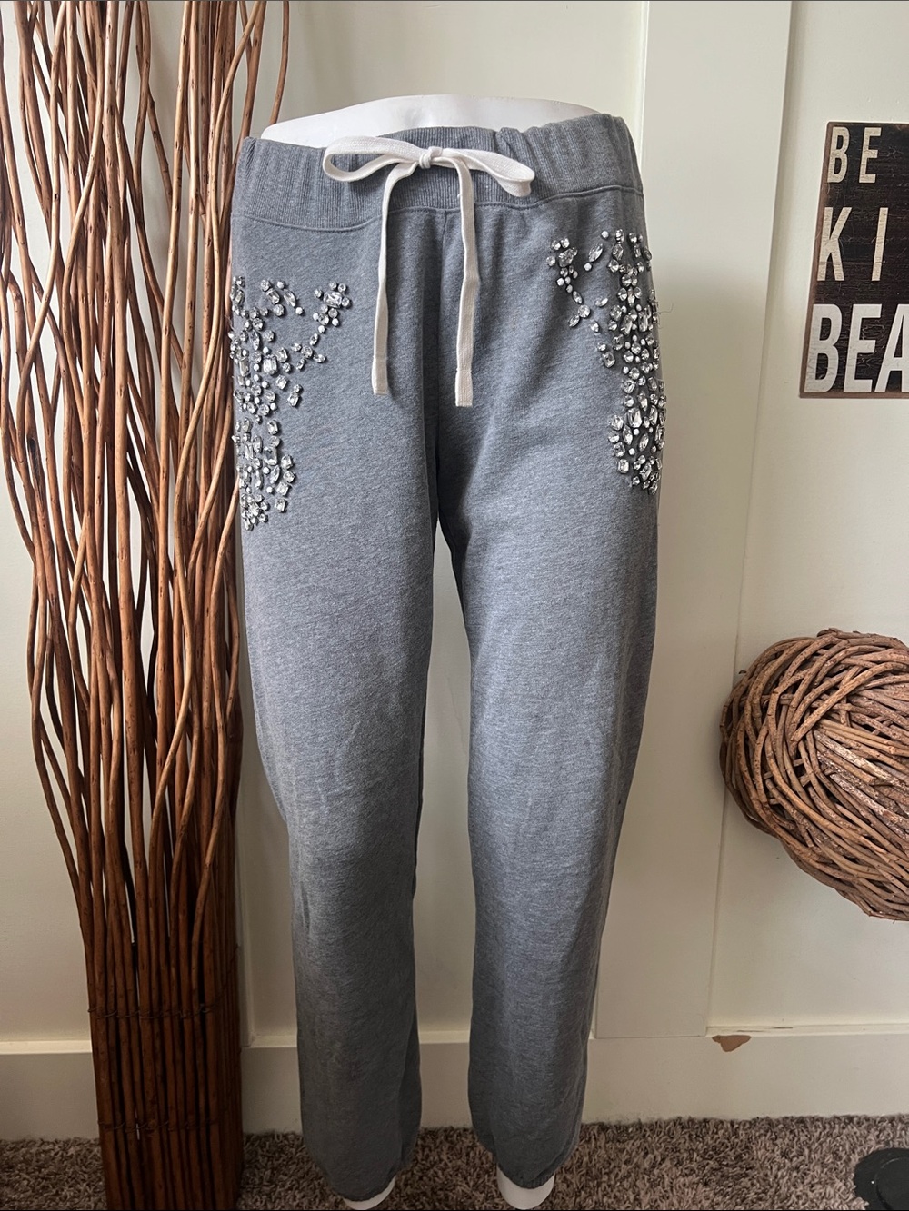 Express Gray Sweatpants with Rhinestone Details